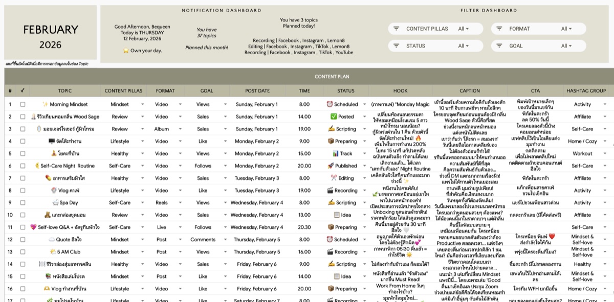หน้าวางแผนคอนเทนต์รายเดือน